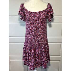 Lulus Pink Red Floral Smocked Off Shoulder Ruffle Sleeve Tiered Dress XL